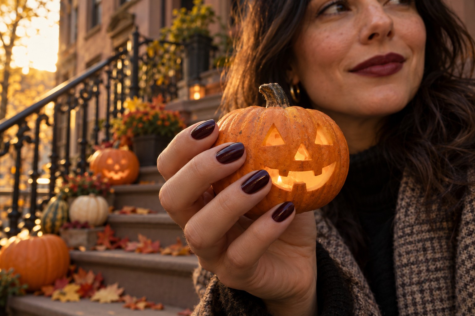Woman with a deep black-cherry gel manicure holding a small carved jack-o'-lantern on a pumpkin-lined Upper East Side brownstone stoop at golden hour