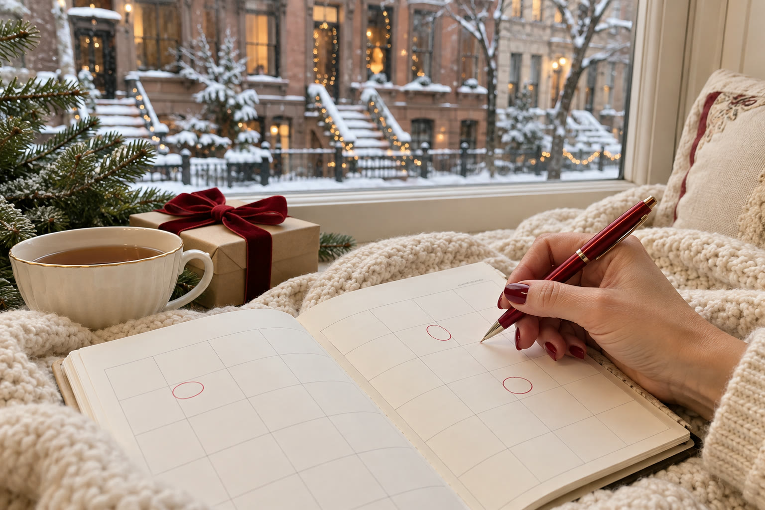 Woman with glowing skin and a burgundy manicure getting ready for a holiday party in an Upper East Side apartment