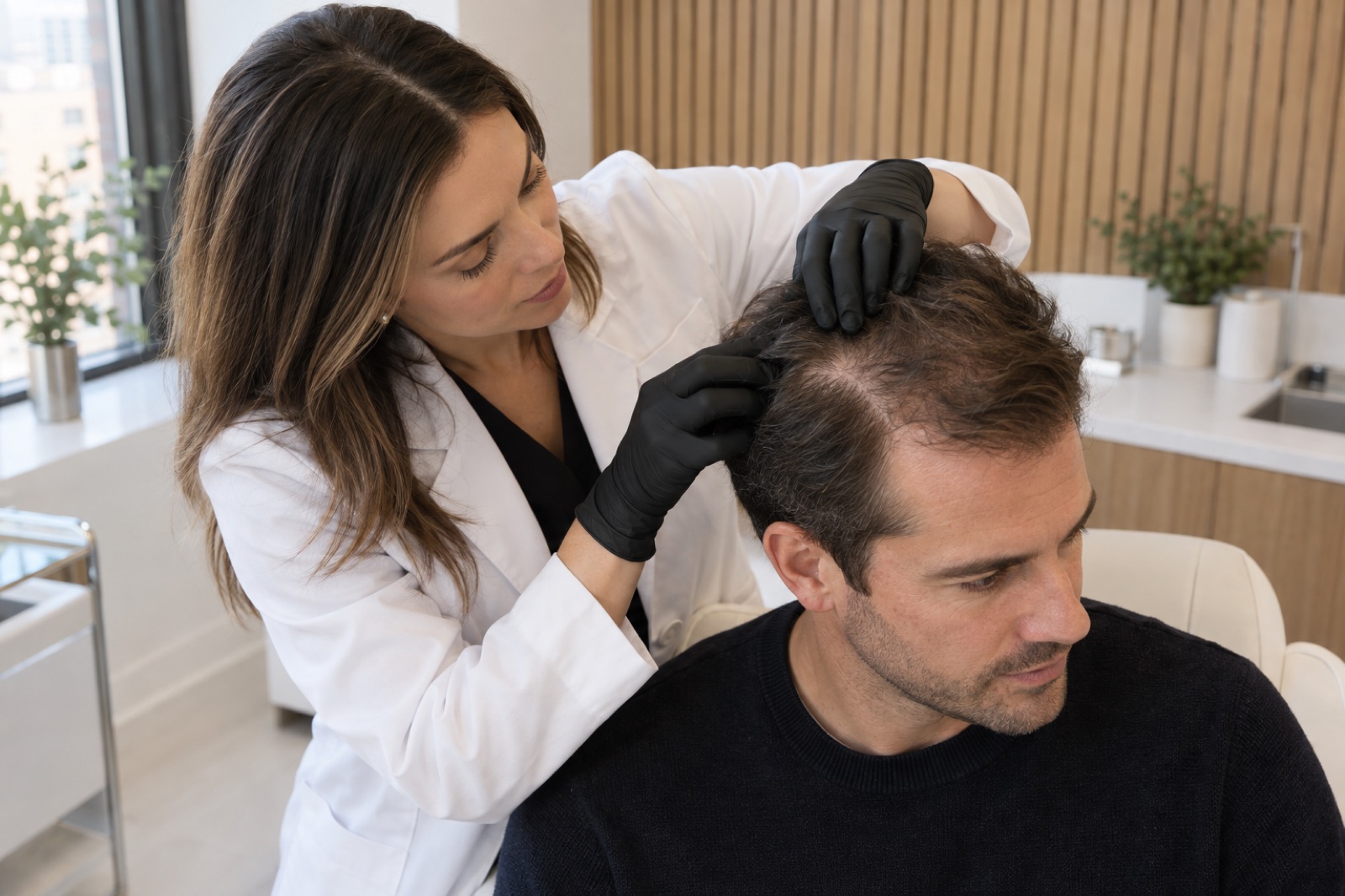 A clinician in a white coat and black gloves parts a man's hair to check thinning at his crown in a bright treatment room with a wood-slat wall