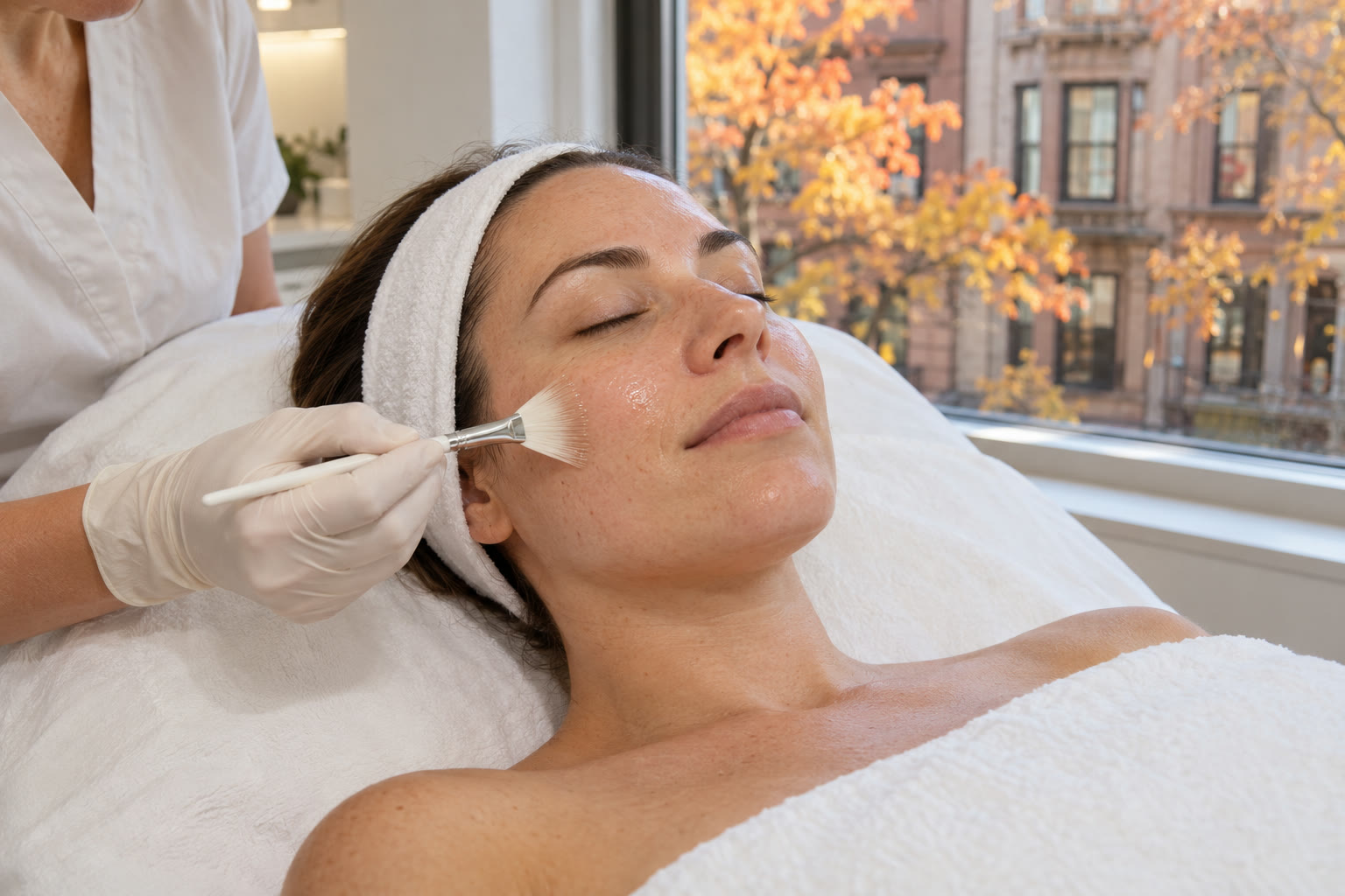 Esthetician applying a chemical peel to a client’s face in a softly lit treatment room