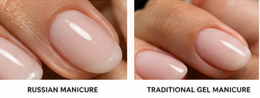 Side-by-side close-ups of a Russian manicure and a traditional gel manicure in sheer pink