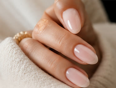 Hand with almond-shaped sheer pink gel nails resting on a cream knit blanket