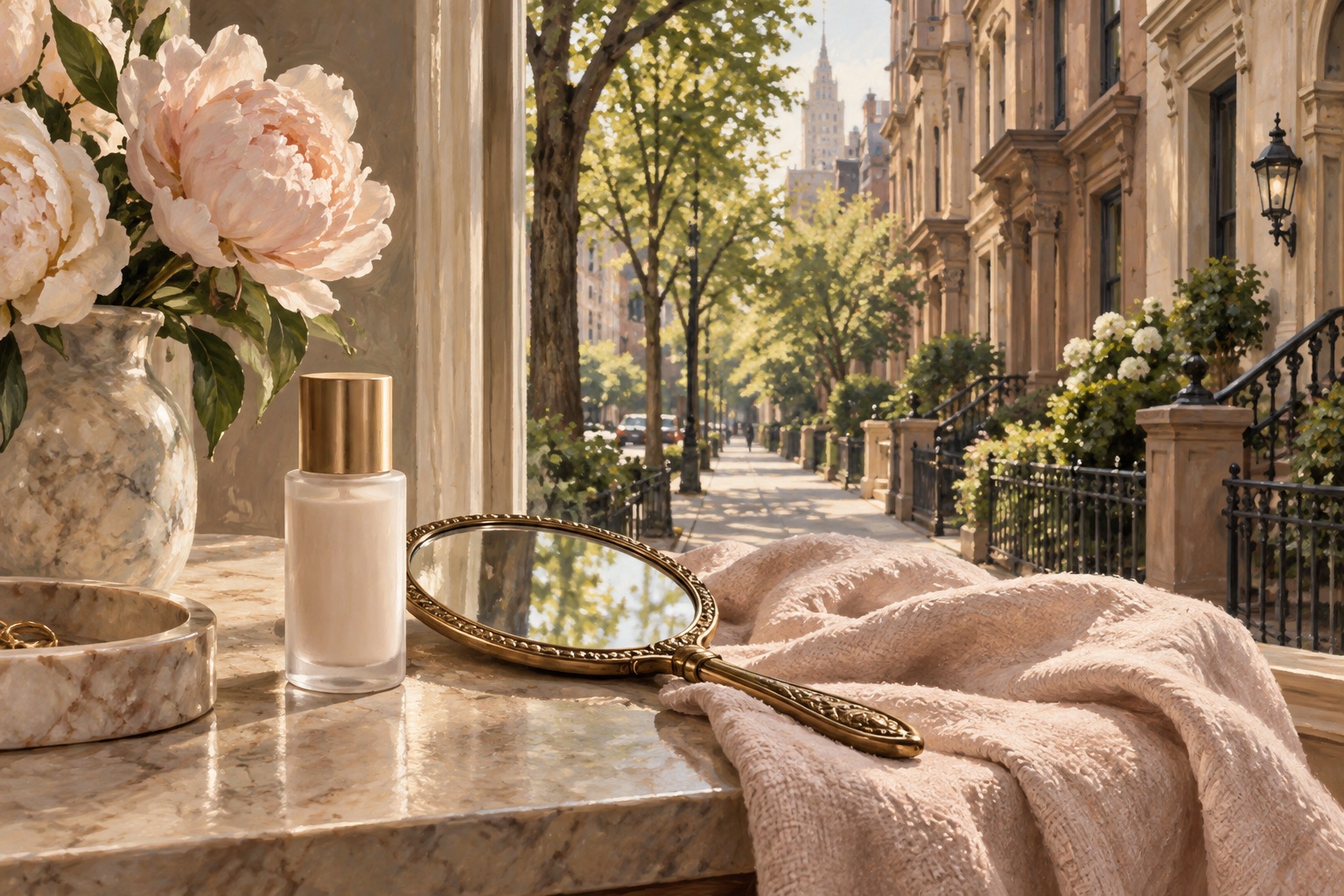Editorial illustration of skincare and a hand mirror beside a sunlit Upper East Side streetscape